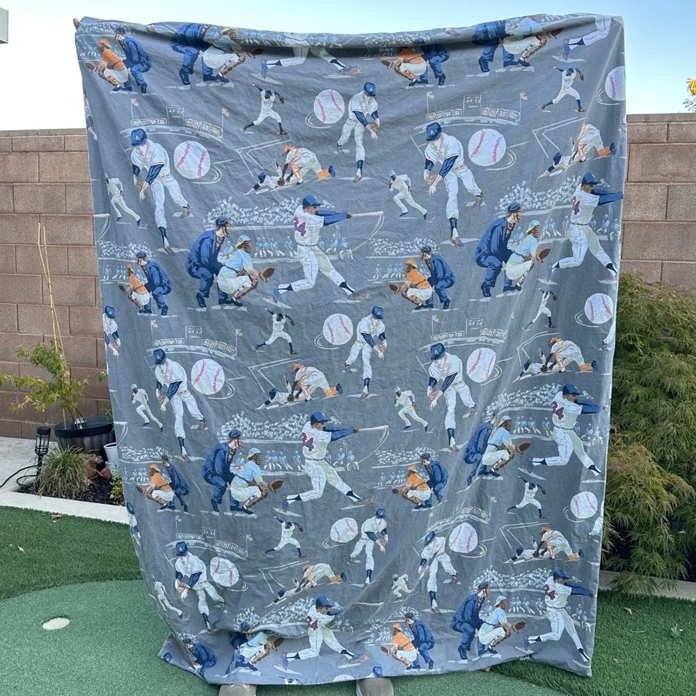 Pottery Barn Kids Twin Baseball Duvet Cover and Flat Sheet Organic Cotton Grey